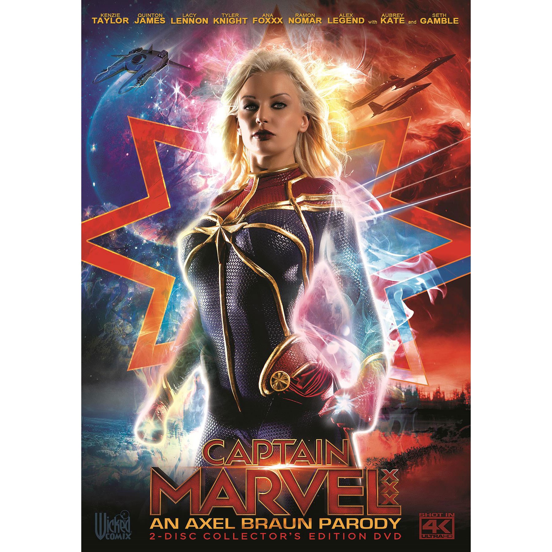 Blonde female wearing super hero costume captain marvel XXX
