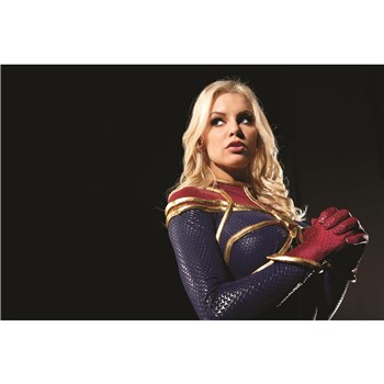 Blonde female wearing super hero costume