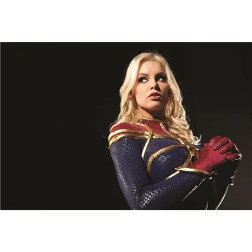 Blonde female wearing super hero costume