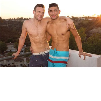 Two topless males posed outdoors caressing
