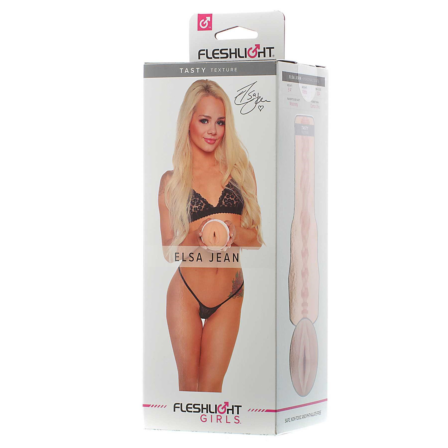 Elsa Jean holding Elsa Jean male masturbator packaging