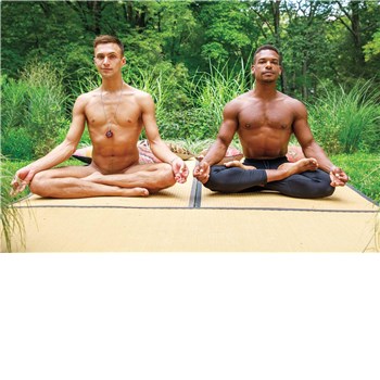Two topless males posed doing yoga