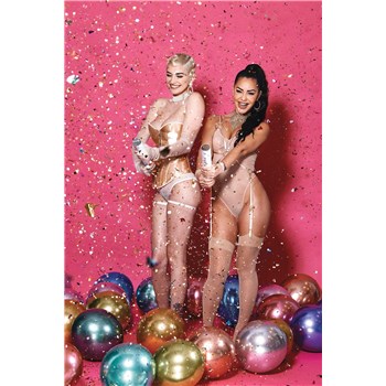 Blonde and brunette females wearing lingerie in confetti shower