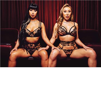 Blonde and brunette female posed seated wearing lingerie displaying cleavage