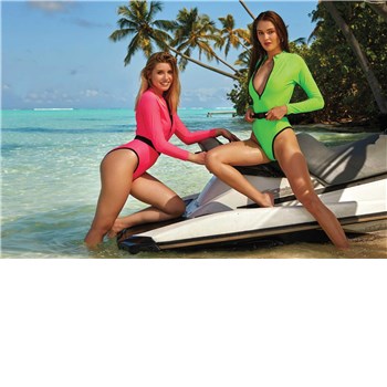 Blonde and brunette female posed wearing body suits on jet ski