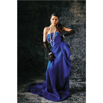 Brunette female posed wearing evening gown displaying cleavage