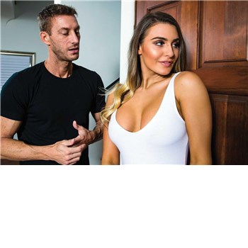 Blonde female displaying cleavage with male lookin on