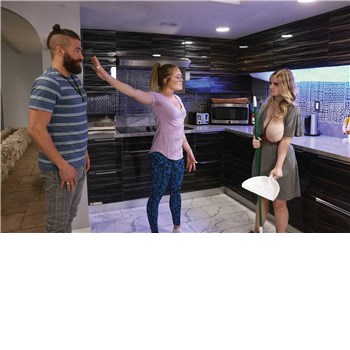 Two females with male in kitchen