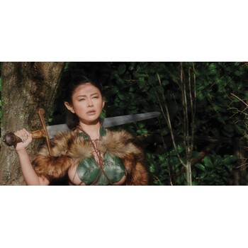 Brunette female posed displaying cleavage holding sword