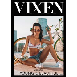 Brunette female posed seated wearing bikini top and shorts displaying cleavage vixen