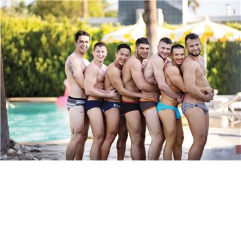 Seven topless males wearing swim trunks caressing in line