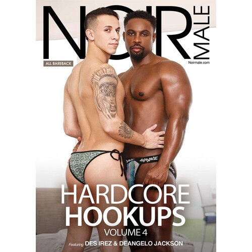 Two topless males wearing thongs caressing NOIR