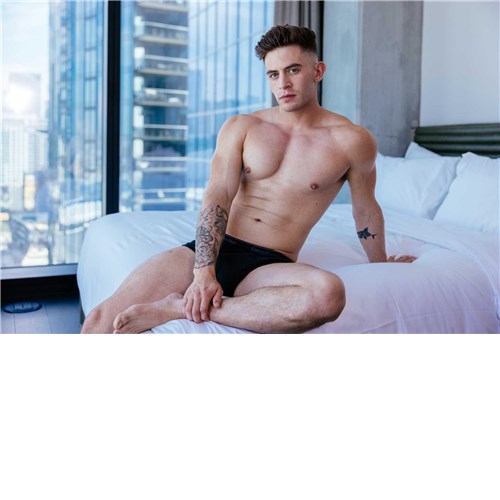 Male posed topless seated wearing briefs